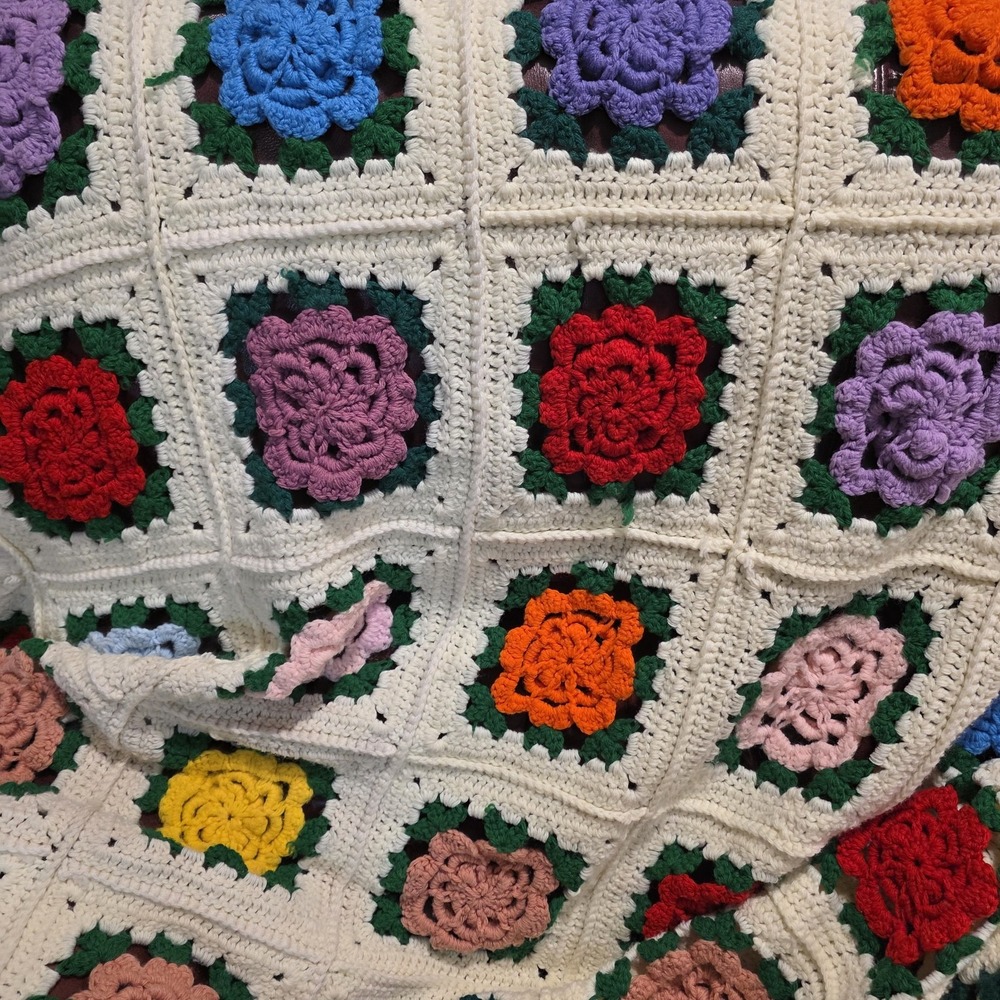 Vintage Crochet 3D Rose Afghan Blanket Granny Square MultiColored Queen 52"x82" - Picture 2 of 8
